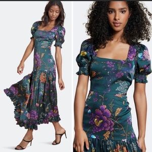 NWT Anthropologie Hutch 14 Edie Maxi Dress Short Puff Sleeves Satin Floral $198